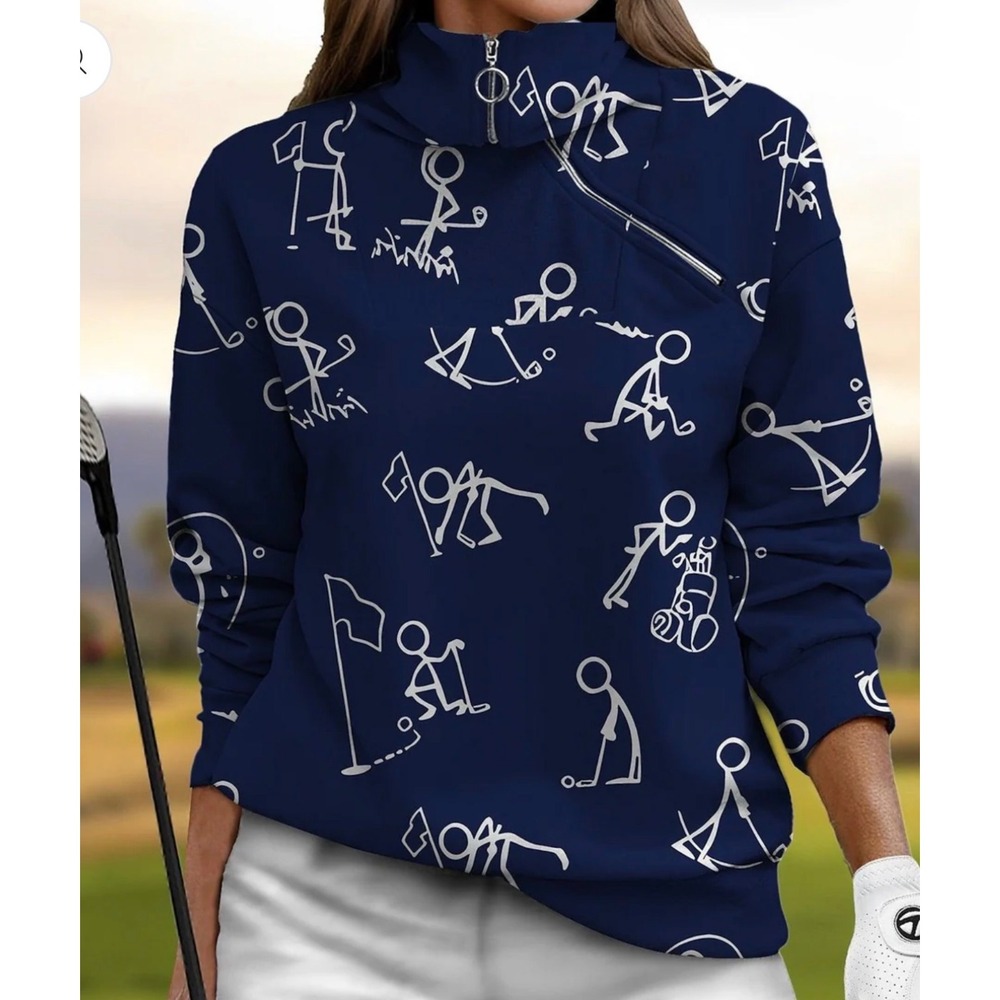Acegolfs Navy Blue Golf Stick Figure Asymmetrical Quarter Zip Pullover XL NWT